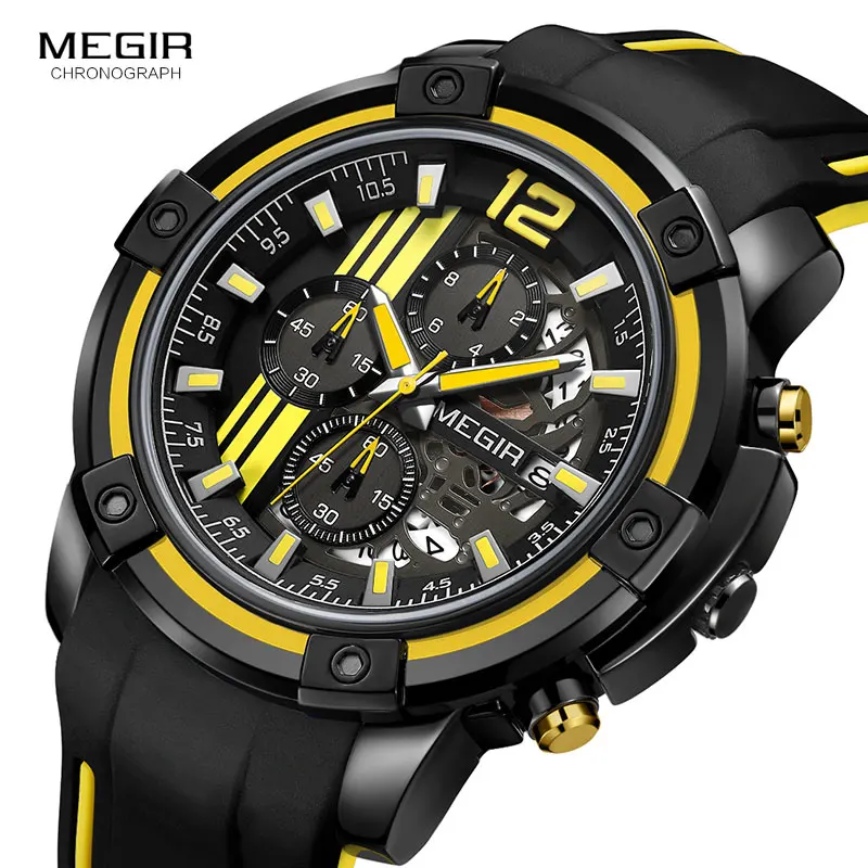 Megir-Reloj deportivo de cuarzo para hombre, cronógrafo amarillo con correa de silicona negra, manecillas luminosas, impermeable 3 atmósferas,