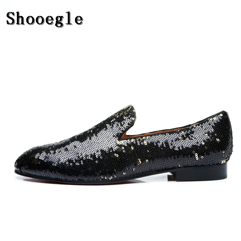 

SHOOEGLE Black Leather Glitter Sequins Loafers Men Moccasins Smoking Slip-on Wedding Party Dress Shoes Flats Casual Shoes Man