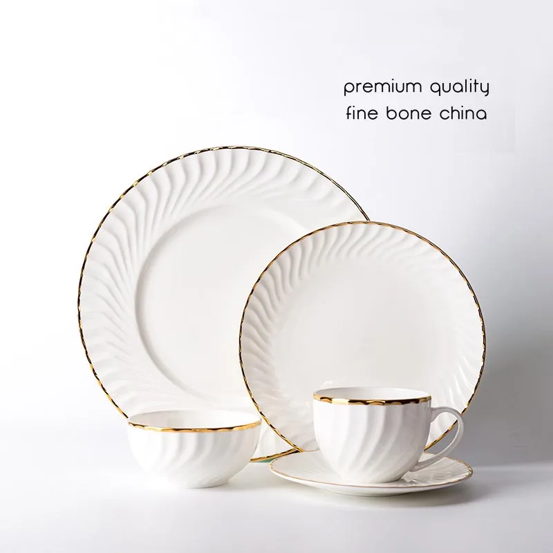 Bone China Plate and Bowl Set, Golden Edge Dinnerware, Food Pot, Spirle Snack Dish, High-Class Household Dinner Tool, Dinner Set