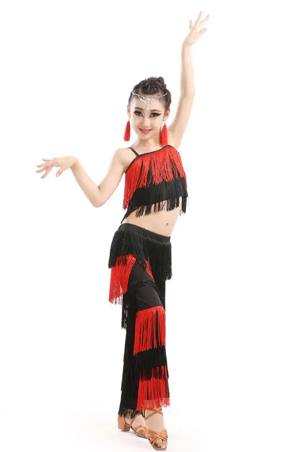 Samba tassel Latin dancewear costumes Girls Salsa ballroom Fringe trim dance Tops&Pants costume Adult Ballroom dancing dress