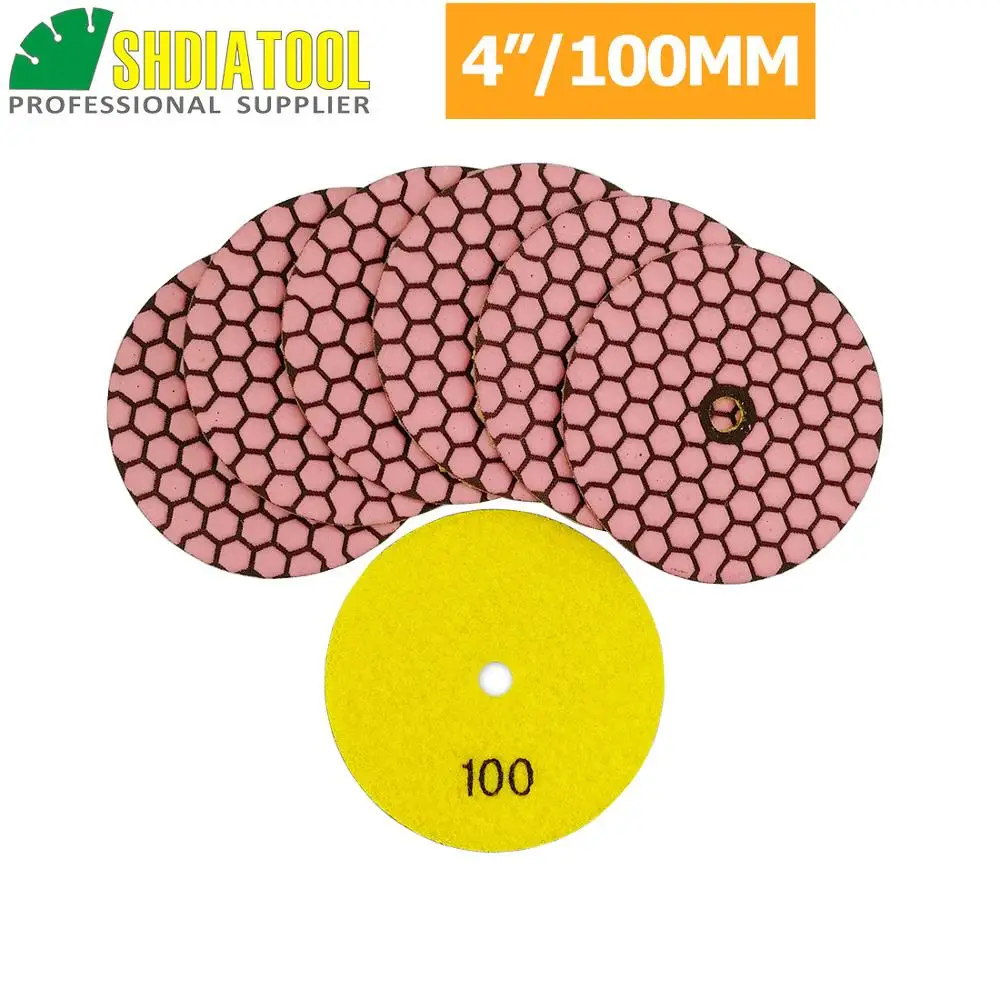 SHDIATOOL 7pcs 4inch Resin Bond Diamond Flexible Dry Polishing Pads Grit #100 For Granite Marble Ceramic 100mm Dry Sanding Disc