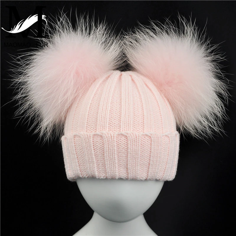 Winter Baby Knit Hat With Two Fur Pompoms Boy Girls Natural Fur Ball Beanie Kids Caps Double Real Fur Pom Pom Hat for Children