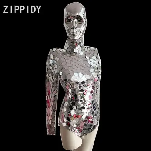 2018 Bright Silver Sequins Bodysuit Big Mirror Luxury Outfit Women's Birthday Party Celebrate Nightclub Women Singer DS Show Clo