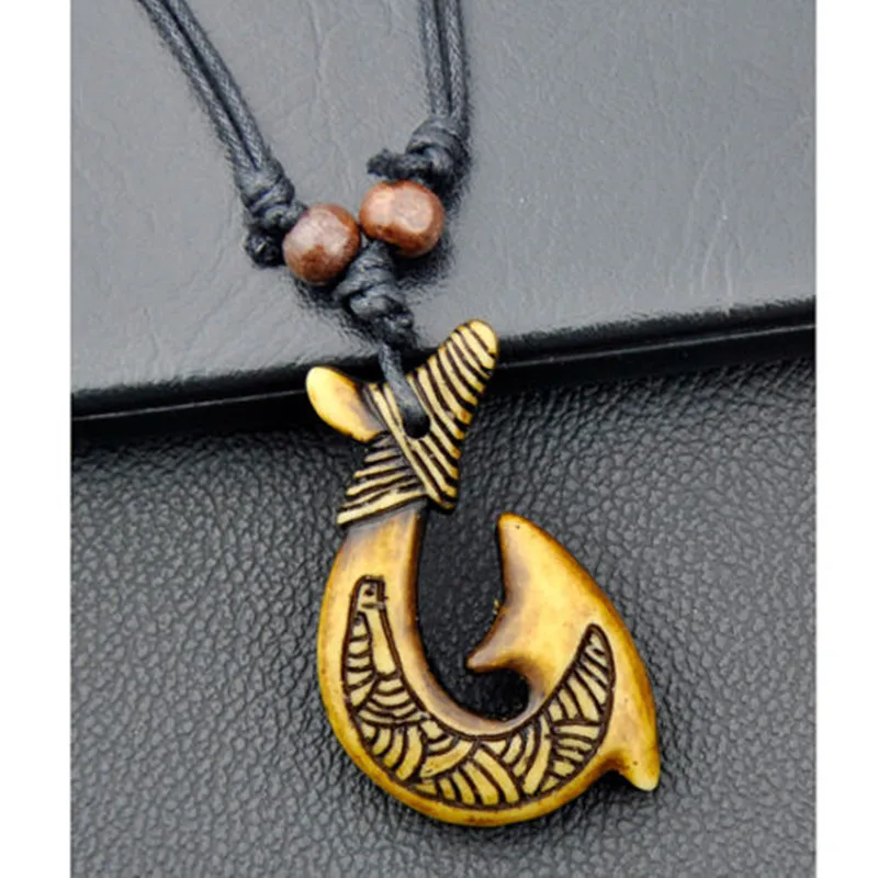 Wholesale 12pcs Tribal Yak Bone Carved New Zealand Maori Matau Fish Hook Pendant Necklace for men women's GIFT MN614