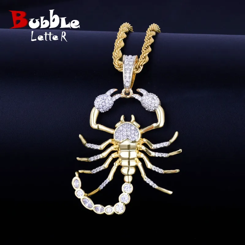 Bubble Letter Animal Scorpion Hip Hop Pendant Necklace  Gold Color Bling Cubic Zircon Men's  Women Jewelry