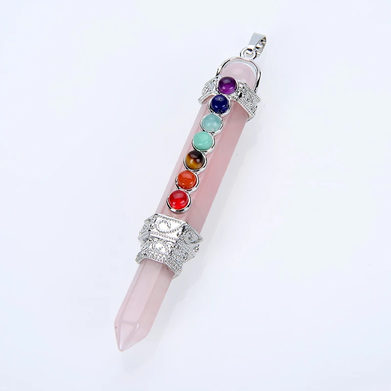 Silver Plated Natural Stone Amethysts Pink Crystal Pendulum Charms Necklaces Reiki Healing 7 Chakra Beads Pencil Point Pendants
