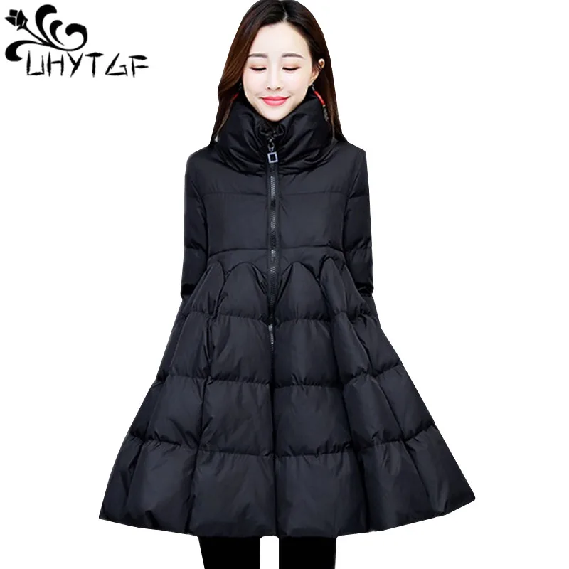 

UHYTGF Casual Winter Jacket Women's Parker Cotton Outerwear Fashion High Waist Cloak Type Down Jacket Ladies Loose Warm Coat 68