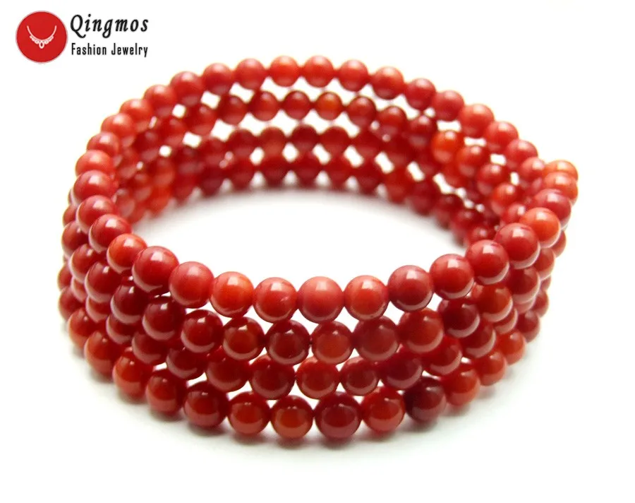 Qingmos Trendy Natural Coral Bracelets for Women with 4-5mm Round Red Coral Steel Wire Wrap Bracelet Fine Jewelry 28'' bra448