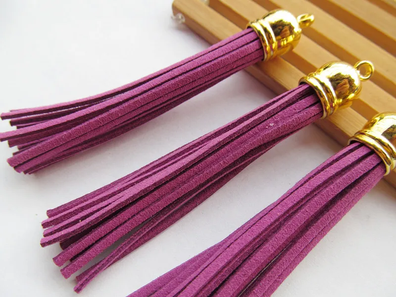 Free Shipping 100Pcs 90mm Purple  Suede Leather Jewelry Tassel For Key Chains/ Cellphone Charms Top Plated End Caps Cord Tip