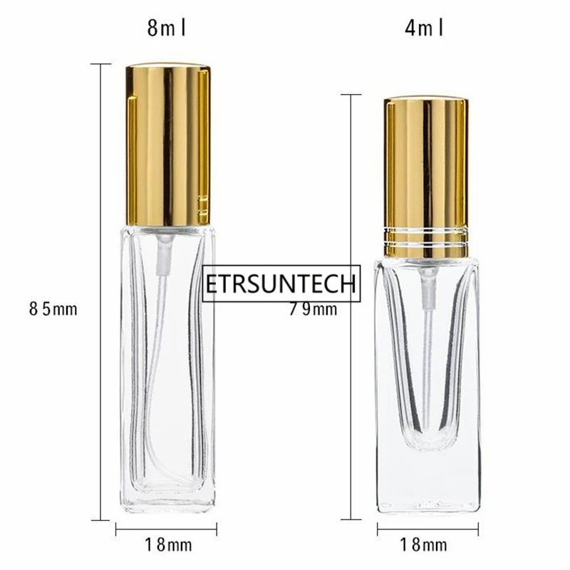 Empty 4ml 8ml Refillable Clear Square Perfume Glass Spray Bottle Atomizer with gold silver black cap F1927