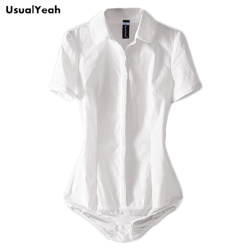 Usualyeah Phụ Nữ Mới Chính Thức Nữ Tay Ngắn Áo Sơ Mi Body Blusas Mi Plus Kích Thước Công Sở Nữ Gập Áo Cánh Bodysuit sọc Trắng