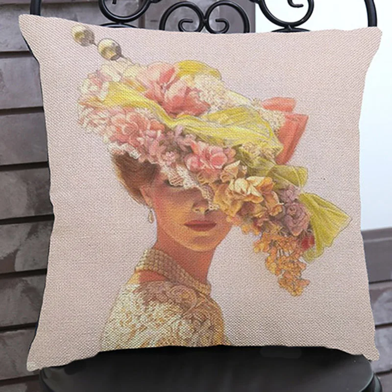 European Lady's Portrait in Hat Decorative Pillows For Home Car Chair Cushion Cover Fashionable Pillow Case Home Decor 45x45cm