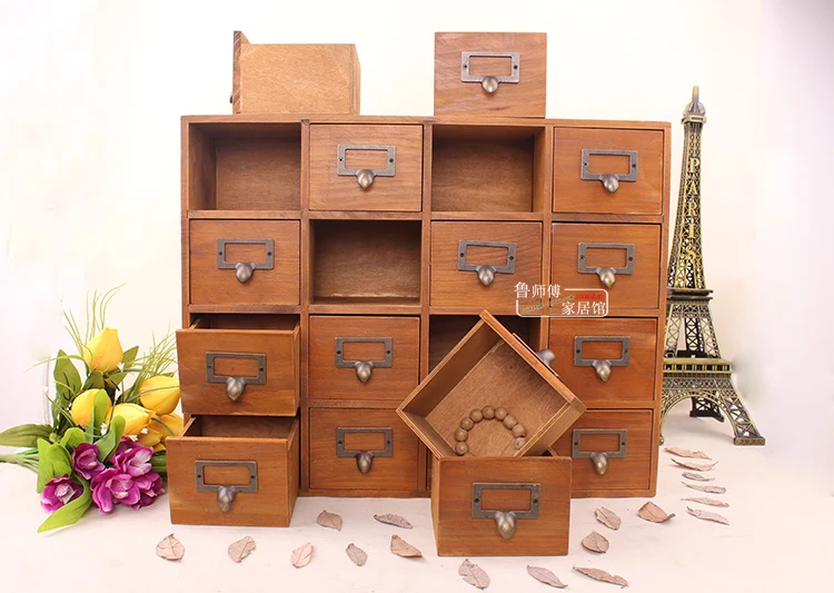 1PC Zakka 16 Lattice Desktop Drawer Storage Box Wooden Retro Creative Storage Cabinet Living Room Decoration Drawer JL 0900