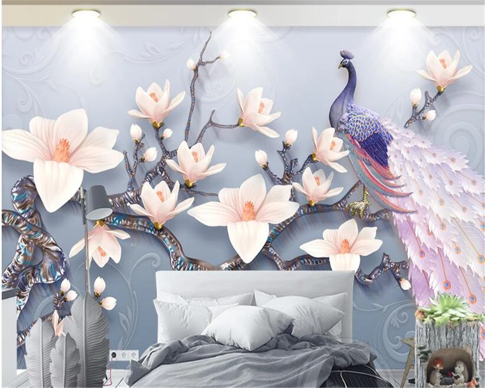 beibehang papel de parede 3d wallpaper High quality 3D embossed magnolia peacock fresh European TV silk background wall paper