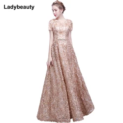 Ladybeauty Elegant Lace Evening Dress Simple Sleeveless Small Flowers Prom Dress Long Party Gown