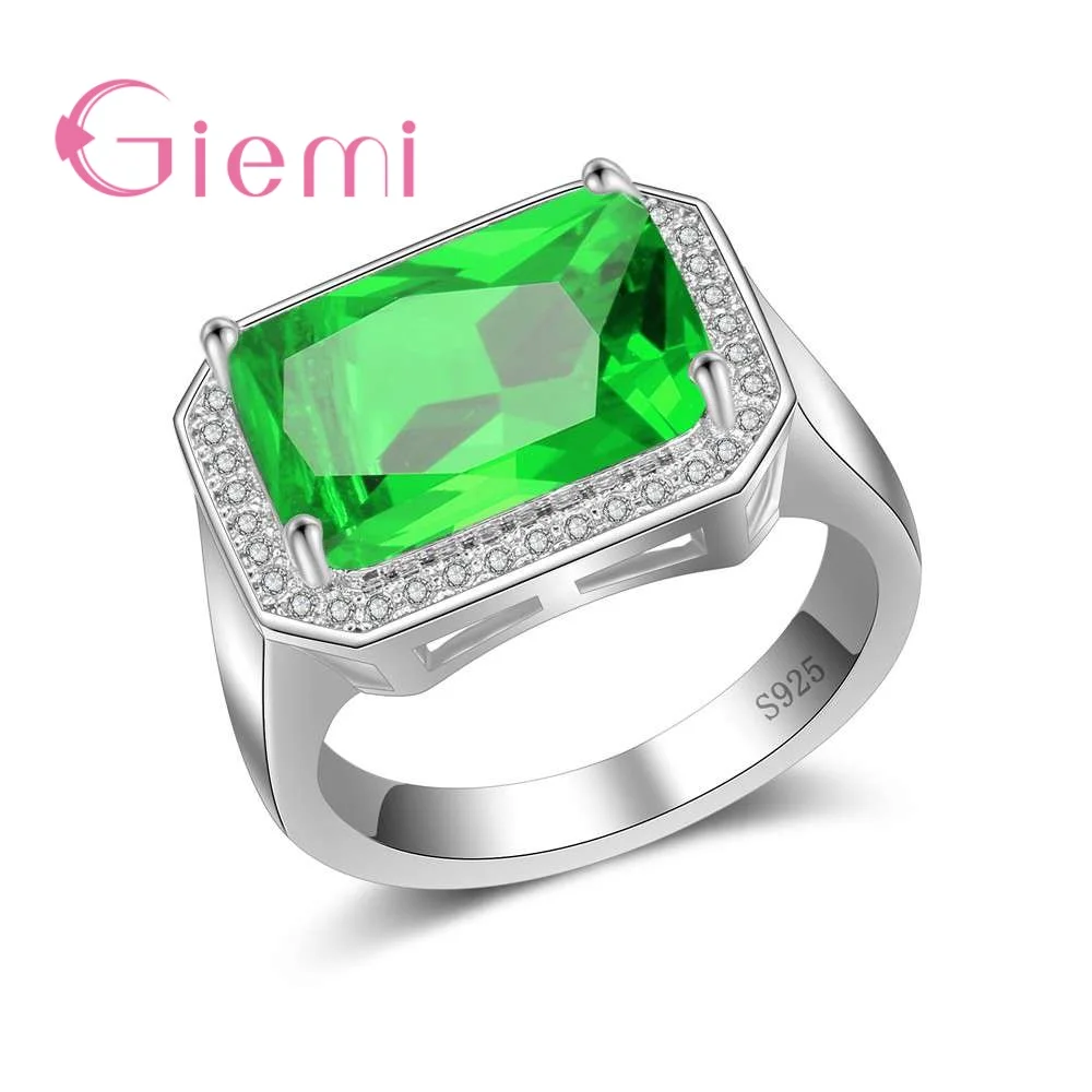 Big Rectangle Green Crystal Jewelry Luxury Clear Finger Rings for Mother Best Love Gifts Pure Silver Women Anel