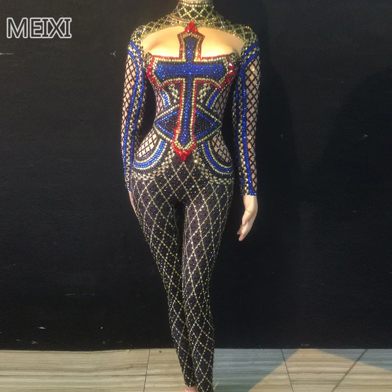 Shiny blue cross full diamond jumpsuit bar nightclub concert singer dancer costume