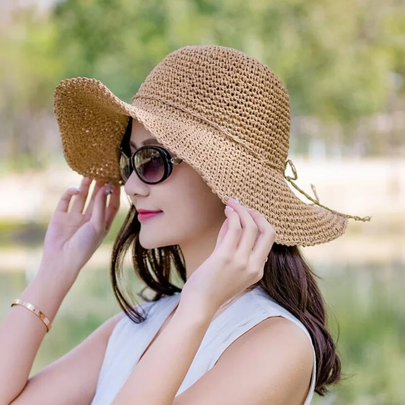 

2018 new Raffia Handmade crochet soft fold Straw sun summer hats for women girls chapeau femme Beach Hat Mother's Day gift