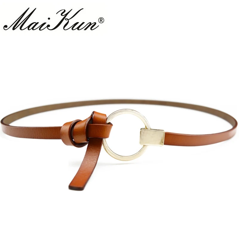 Maikun Leather Belts for Women Circle Buckle Thin Belt Designer Brand Women Belt