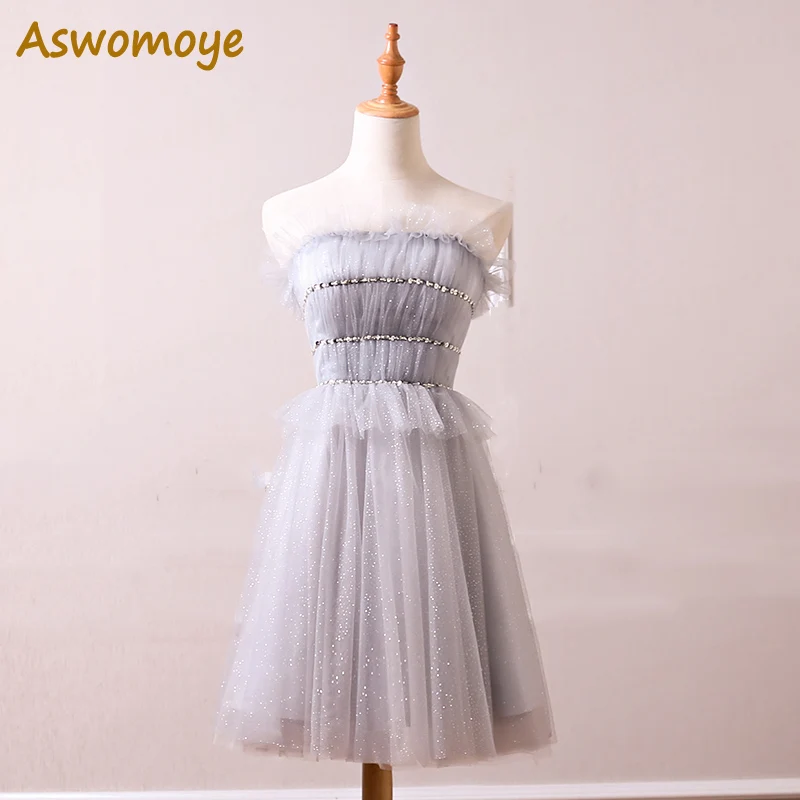 Aswomoye – robe de demoiselle d'honneur élégante, perlée, scintillante, épaules dénudées, dos lacé, robe de soirée, 2018