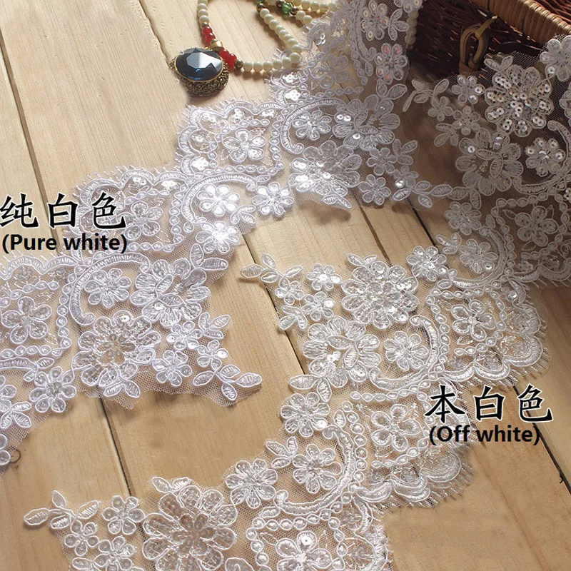 Beaded Cording Lace Trim, Wedding Cording Lace, Sequin Flower, DIY Craft, White, Black Colors, 1Yds, 15cm Width