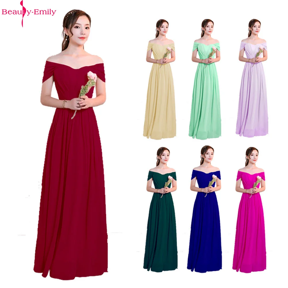 

Beauty Emily Elegant Off The Shoulder Evening Dresses 7 Styles Burgundy Sleeveless Chiffon Party Dress vestido de festa longo