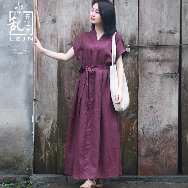 

LZJN 2020 Summer Autumn Women Clothing V-Neck Vintage Robe Deep Purple A-Line Shirt Dress Vintage Linen Maxi Dress with Belt