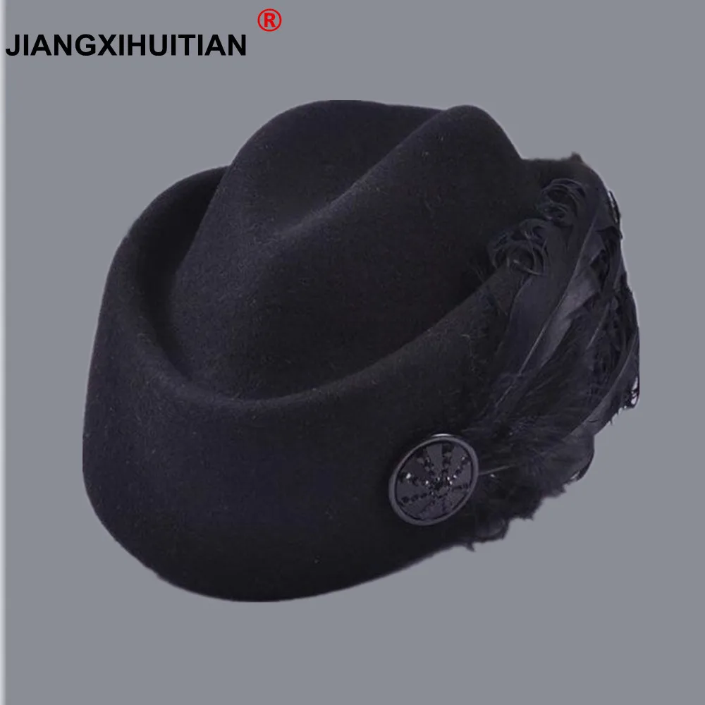 Australijskie czapki eleganckie wełniane pióro łuk stewardesa białe damskie czapki Fedora formalny kapelusz damski styl królewski DomeChapeu