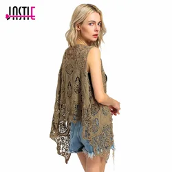 Jastie Hippie Froral Patch Design Vest Retro Vintage Crochet Summer Beach Cover Up Top Asymmetric Open Stitch Kimono Cardigain