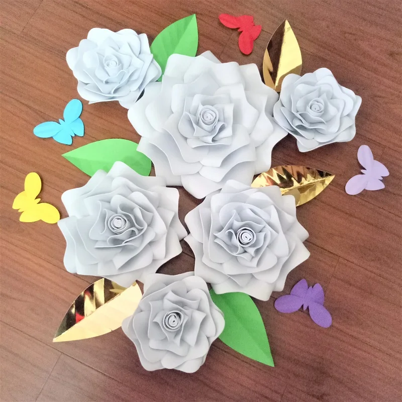 

2018 Waterproof Giant Paper Foam Roses Flower 6PCS+Leaves 6PCS+Butterflies 5PCS Wedding Decor Rose Artificielles Pour Le Mariage