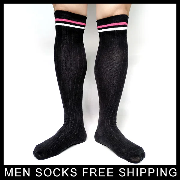 Hot Sale Mens Long Socks Sexy Hose Cotton Black Striped Over Knee For Stage Formal Dress Stocking Winter Autumn