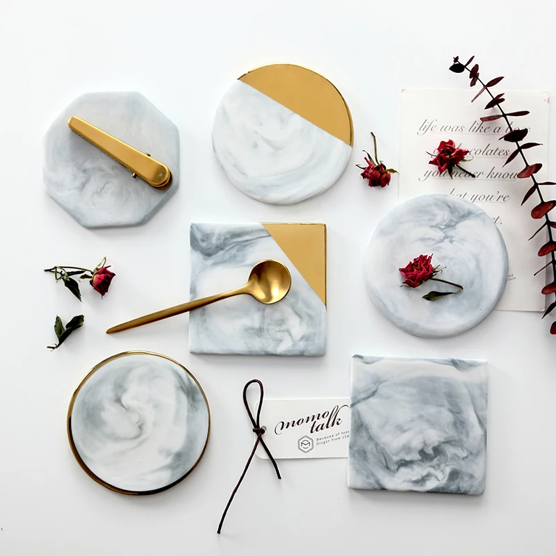 Creative Marble Ceramic Gold Plating Coaster Cup Mats Waterproof Heat-insulated Home Decoration Desktop Chic Table Placemat