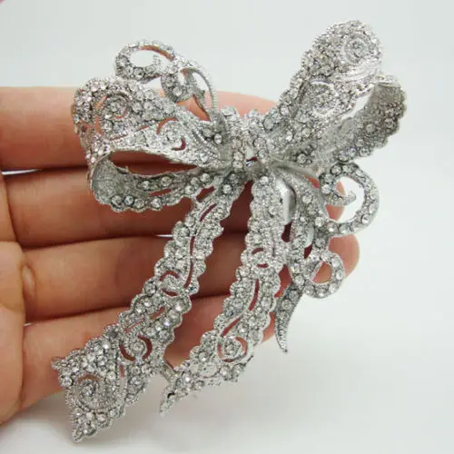 Elegant Bridal Wedding Butterfly Bowknot Clear Rhinestone Crystal Brooch Pin