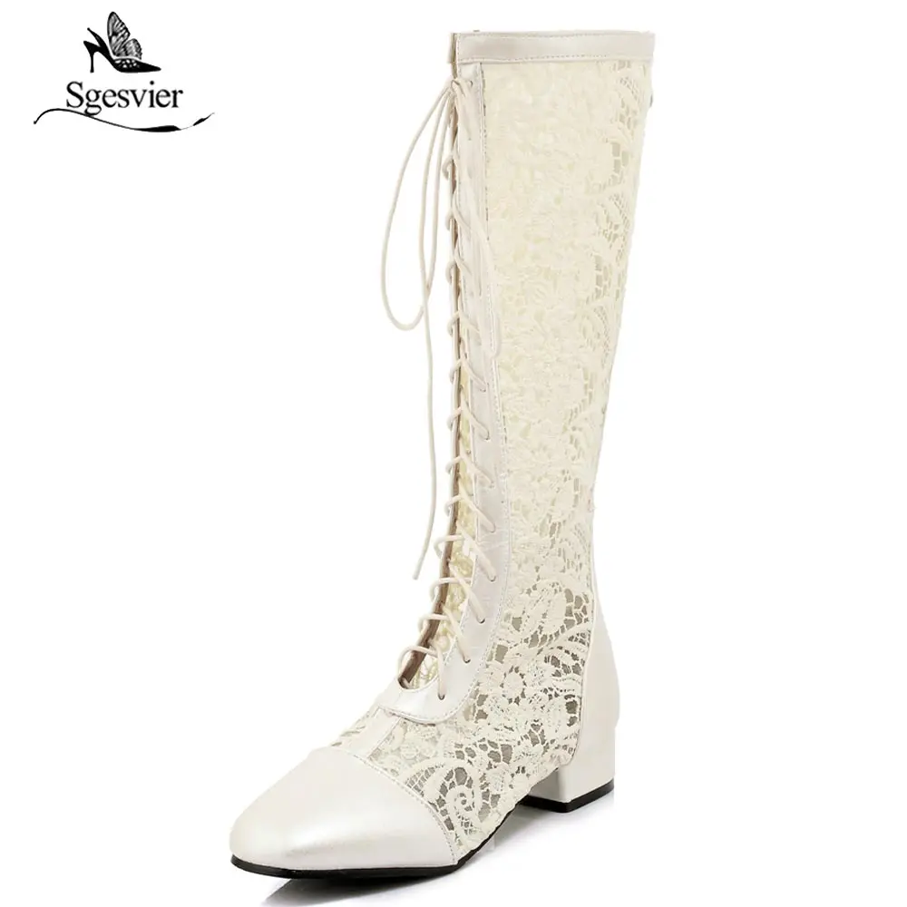 Sgesiver Fashion Lace Flower Women Sandals Thick Heel Square Toe Mid-calf Boots Female Footwear 2018 Summer Big Size 33-46 B529