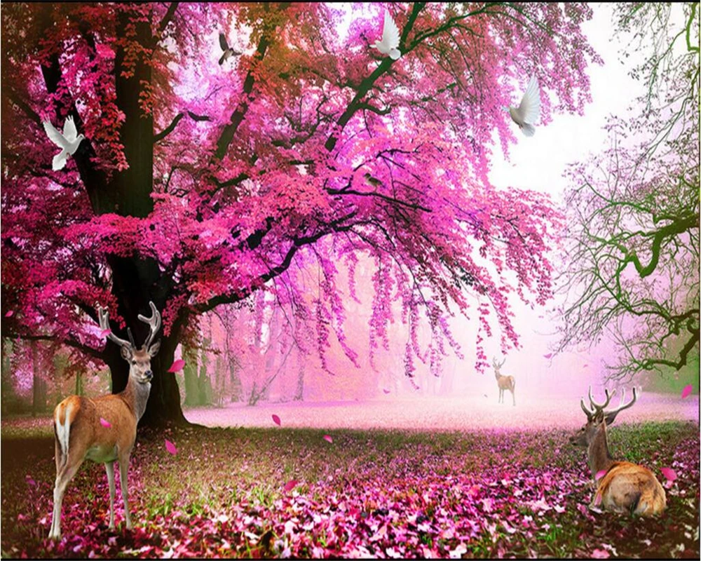 Beibehang Fantastic cherry tree sika deer TV background wallpapers living room bedroom decoration wallpaper for walls 3 d