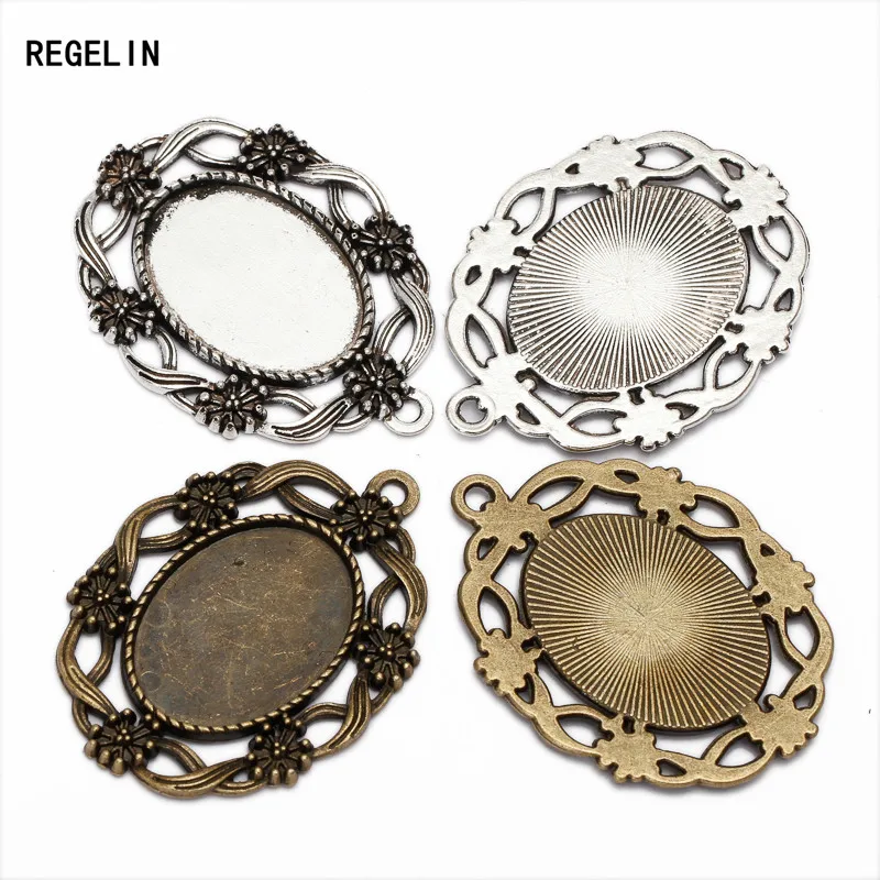 REGELIN 10pcs/lot Antique Bronze Tone Oval filigree Frame Cabochon Settings Blank Base Fit 18*25mm Cameo Jewelery Making Finding