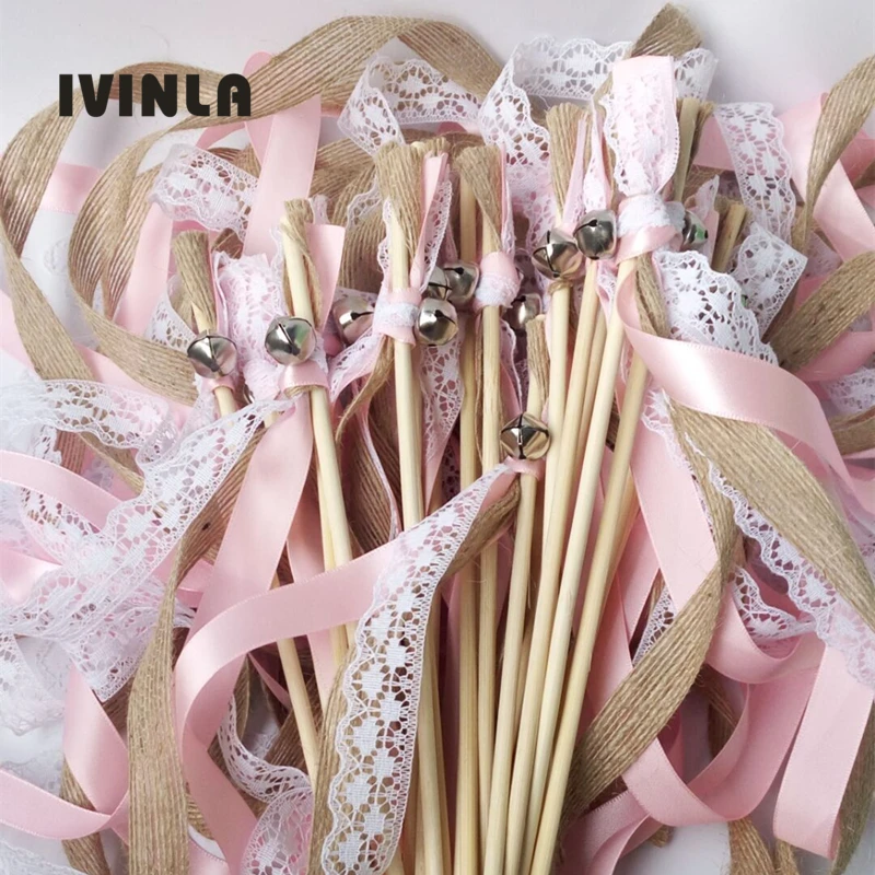 Hot selling-50pcs/lot jute burlap pink wedding Ribbon Wands Wedding Confetti Stream Ribbon Sticks with big sliver bell