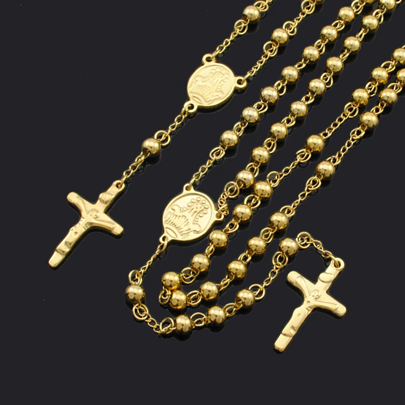 ATGO Men Rosary Jewelry Set Beads Cross Religious Cross Necklace Bracelet Sets 8MM Gold Color BBD034