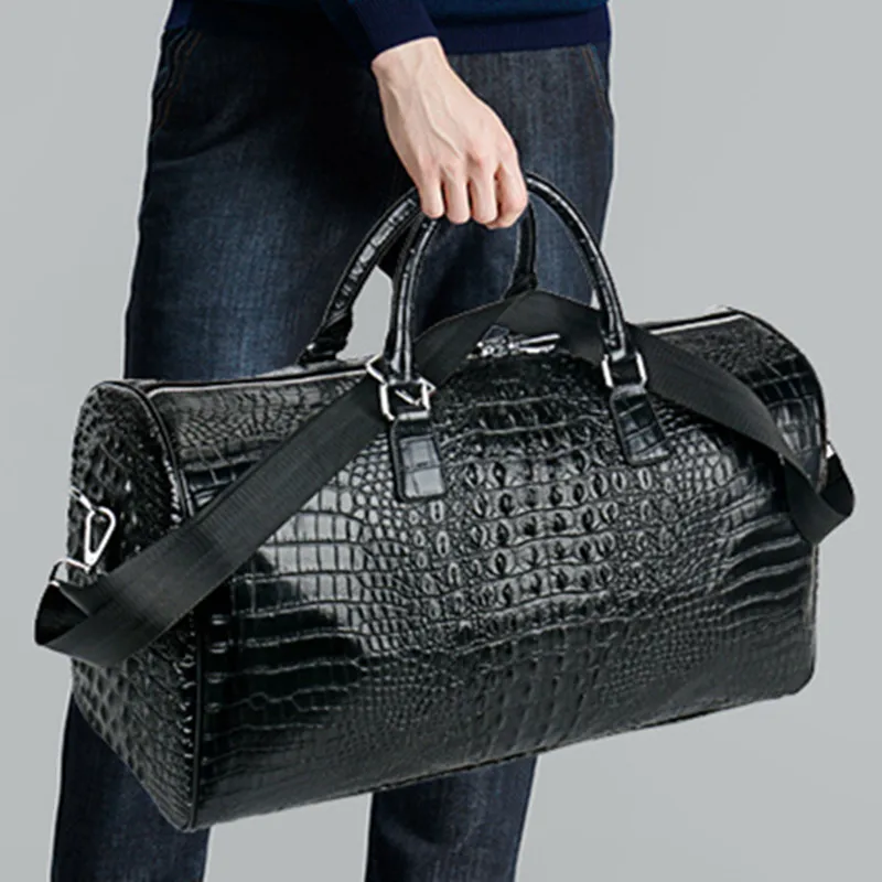 Male Two Layer Leather Travel Bag Large Crocodile Pattern Big Fitness Handbag Luggage Drums Shoulder Business Bags Black Handbag