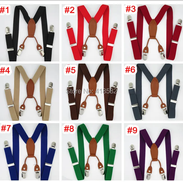 BD027-- free shipping 2.5*65cm 4 clips-on Leather Suspenders for baby 12 colors adjustable elastic braces Kids Accessories