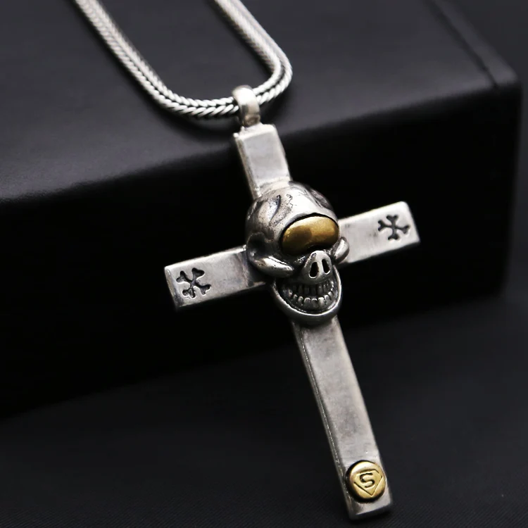 NEW! Vintage 925 Silver Skull Cross Pendant Necklace  Real Sterling Silver Punk Pendant Skeleton Necklace Pendant