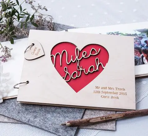 custom language Heart names wedding guest Memory album engraved Wooden Alternative guestbooks Reception birthday party favors