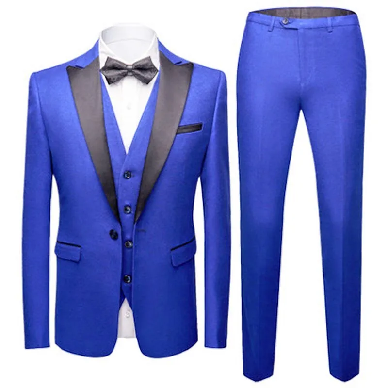 

Custom Made Groomsmen Royal Blue Groom Tuxedos Peak Black Lapel Men Suits Wedding Best Man Blazer ( Jacket+Pants+Vest+Tie ) C482