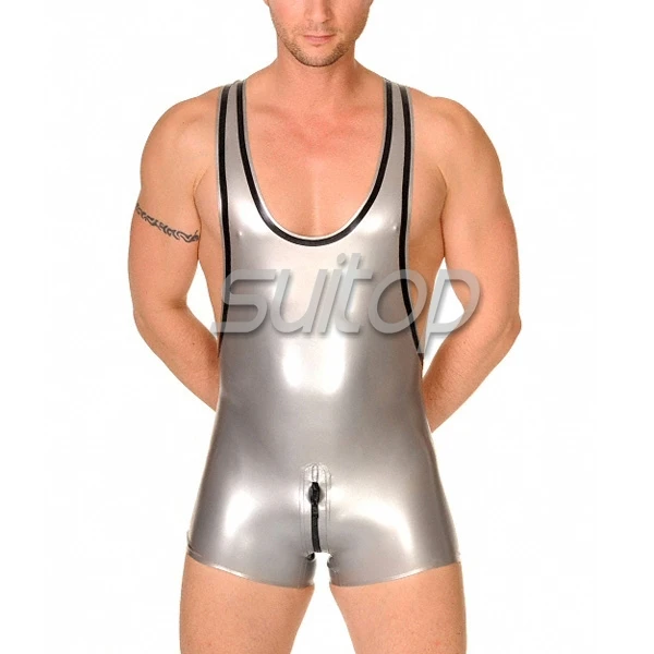 

high quality latex sleeveless catsuit rubber mens rubber leotard italy silver