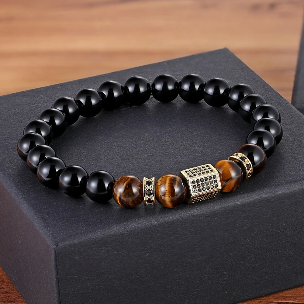 XQNI Marble Tiger Eye Bead Bracelet with Cubic Zircon Hand Jewelry Natural Stone Beads Bracelet Elastic Stretch Men Bracelet