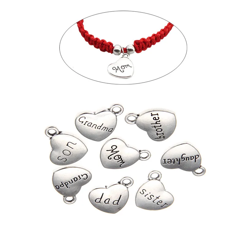 Alloy Mom Charms Pendant Engraved Daughter Son Brother Sister Dad Vintage Peach Heart Charm For DIY Family Jewelry Making 10Pcs