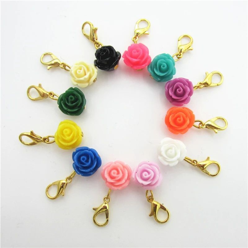 

New Arrive 60pcs Mix 12 Color Rose Flower dangle charms hanging lobster clasp floating charms Diy jewelry accessories