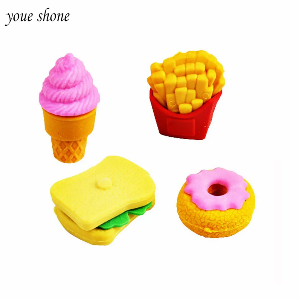 4Pcs/Sets Rubber Pencil Erasers Cartoon Detachable Erasers For Kids Ice Cream Fries Burger Stationery Supply YOUE SHONE