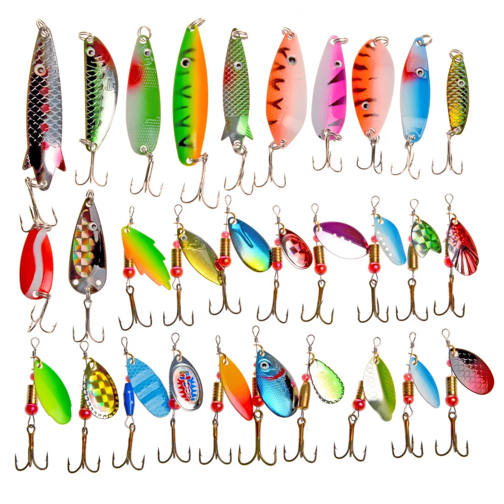 

30pcs/lot Fishing Lure Artificial Bait Spoon Mixed Spinner Metal Lures Hard Bait Fishing Tackle Lure for Bass Bait Fishing