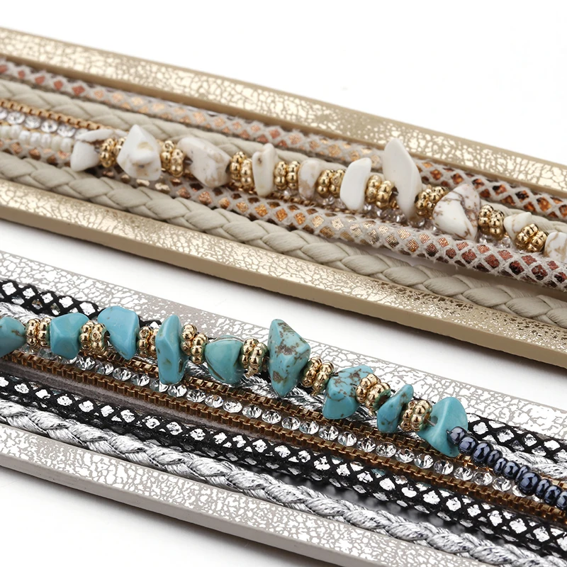 ALLYES bransoletki ze skóry z kamienia naturalnego dla kobiet mężczyzn luksusowa marka Femme styl Boho szeroka wielowarstwowa bransoletka Wrap biżuteria damska — zdjęcie 5